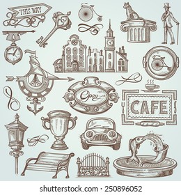 Vintage Set of Town Illustrations: Signs, Landmarks, Urban Objects
