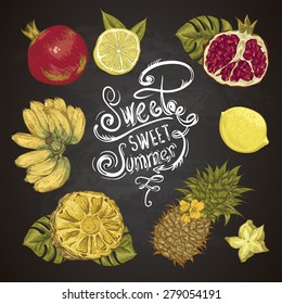 Vintage Set Of Tropical Fruit On The Chalkboard. Vector Illustration. Pineapple And Pomegranate, Lemon And Banana