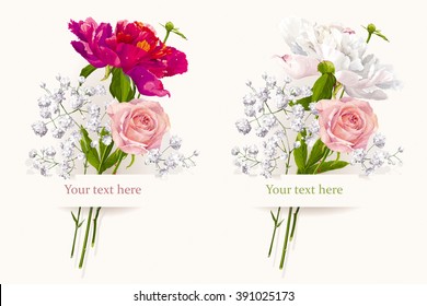 Vintage set of two summer flowers bouquets for Valentine's Day, wedding, sales and other events painted in watercolor style