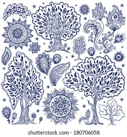 Vintage set of unique ethnic trees and flowers