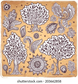 Vintage set of unique ethnic trees and flowers