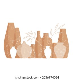 Vintage set of vases with leaves, minimal design, flat concept hand drawn vector illustration with texture. Interior decoration