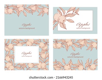 Vintage set vector background with branches apples. Hand drawn illustration. Botanical template for design with fruits sketch