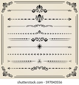 Vintage set of vector black decorative elements. Horizontal separators in the frame. Collection of different ornaments. Classic pattern. Set of vintage patterns