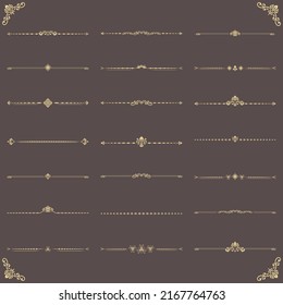 Vintage set of vector brown and golden decorative elements. Horizontal separators in the frame. Collection of different ornaments. Classic patterns. Set of vintage patterns