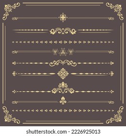 Conjunto vintage de elementos marrones vectoriales y dorados. Separadores horizontales en el marco. Colección de diferentes ornamentos. Patrones clásicos. Conjunto de patrones vintage