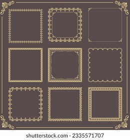 Vintage set of vector brown and golden patterns. Different square elements for cards, menus, backgrounds and monograms. Classic patterns.