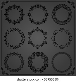 Vintage set of vector dark round elements. Different elements for decoration and design frames, cards, menus, backgrounds and monograms. Classic patterns. Set of vintage patterns