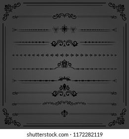 Vintage set of vector decorative elements. Horizontal separators in the frame. Collection of different ornaments. Classic black patterns. Set of vintage patterns