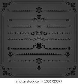 Vintage set of vector decorative elements. Horizontal separators in the frame. Collection of different ornaments. Classic patterns. Set of vintage black patterns