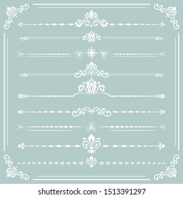 Vintage set of vector decorative elements. Horizontal separators in the frame. Collection of white different ornaments. Classic patterns. Set of vintage patterns