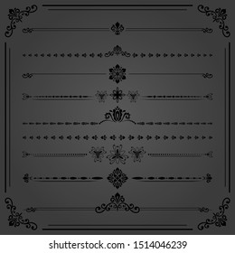Vintage set of vector decorative elements. Horizontal separators in the frame. Collection of different ornaments. Classic patterns. Set of black vintage patterns