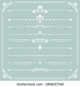 Vintage set of vector decorative elements. Horizontal separators in the frame. Collection of white ornaments. Classic patterns. Set of vintage patterns