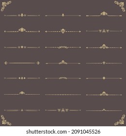 Vintage set of vector decorative elements. Horizontal separators in the frame. Collection of golden ornaments. Classic patterns. Set of vintage patterns