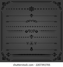 Vintage set of vector decorative elements. Horizontal dark separators in the frame. Collection of different ornaments. Classic patterns. Set of vintage patterns