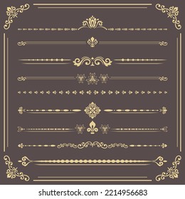 Vintage set of vector decorative elements. Horizontal separators in the frame. Collection of different ornaments. Classic patterns. Set of brown and yellow vintage patterns