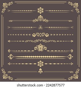 Vintage set of vector decorative elements. Horizontal separators in the frame. Collection of different ornaments. Classic patterns. Set of brown and yellow vintage patterns