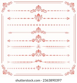 Vintage set of vector decorative elements. Horizontal separators in the frame. Collection of pink different ornaments. Classic patterns. Set of vintage patterns