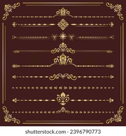 Vintage set of vector decorative elements. Horizontal separators in the frame. Collection of brown golden different ornaments. Classic patterns. Set of vintage patterns