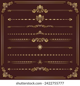 Vintage set of vector decorative elements. Horizontal separators in the frame. Collection of golden different ornaments. Classic patterns. Set of vintage patterns