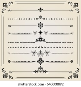 Vintage set of vector decorative elements. Horizontal separators in the frame. Collection of different ornaments. Classic pattern. Set of vintage patterns