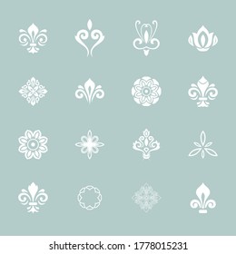 Conjunto vintage de elementos decorativos vectoriales blancos. Diferentes elementos para fondos, marcos y monogramas. Patrones clásicos. Conjunto de patrones vintage