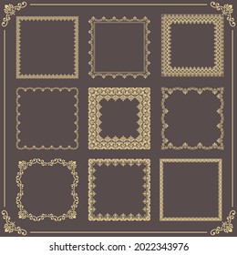 Vintage set of vector elements. Different square elements for decoration and design frames, cards, menus, backgrounds and monograms. Classic brown and golden patterns. Set of vintage patterns