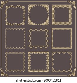 Vintage set of vector elements. Different square elements for decoration and design frames, cards, menus and backgrounds. Classic golden patterns. Set of vintage patterns