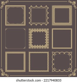 Vintage set of vector elements. Different square elements for decoration and design frames, cards, menus, backgrounds and monograms. Classic brown and golden patterns. Set of vintage patterns