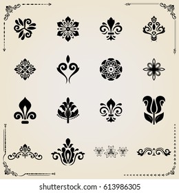 Vintage set of vector elements. Different elements for decoration and design frames, cards, menus, backgrounds and monograms. Classic patterns. Set of vintage patterns