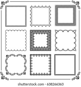 Vintage set of vector elements. Different square elements for decoration and design frames, cards, menus, backgrounds and monograms. Classic black patterns. Set of vintage patterns