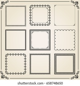 Vintage set of vector elements. Different square elements for decoration and design frames, cards, menus, backgrounds and monograms. Classic patterns. Set of vintage patterns