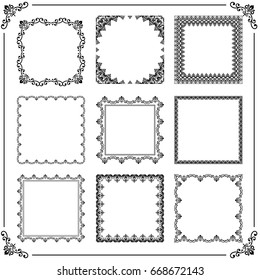 Vintage set of vector elements. Different square elements for decoration and design frames, cards, menus, backgrounds and monograms. Classic black and white patterns. Set of vintage patterns
