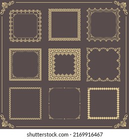 Vintage set of vector elements. Golden square elements for decoration and design frames, cards, menus, backgrounds and monograms. Classic brown and golden patterns. Set of vintage patterns