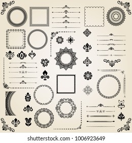Vintage set of vector horizontal, square and round elements. Different elements for decoration design, frames, cards, menus, backgrounds and monograms. Classic black patterns. Set of vintage patterns