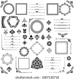 Vintage set of vector horizontal, square and round elements. Different elements for decoration, frames, cards, menus, backgrounds and monograms. Classic patterns. Set of black and white patterns