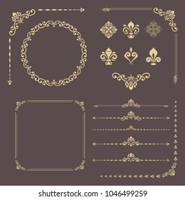 Vintage set of vector horizontal, square and round elements. Different elements for design, frames, menus, backgrounds and monograms. Classic patterns. Set of vintage golden patterns