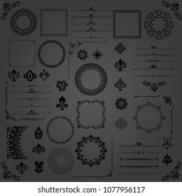 Vintage set of vector horizontal, square and round elements. Different elements for design, frames, cards, menus, backgrounds and monograms. Classic dark patterns. Set of vintage patterns