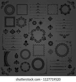 Vintage set of vector horizontal, square and round elements. Different elements for design, frames, cards, menus, backgrounds and monograms. Classic dark patterns. Set of vintage patterns