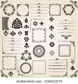 Vintage set of vector horizontal, square and round elements. Different elements for decoration design, frames, cards, menus, backgrounds and monograms. Classic patterns. Set of vintage patterns