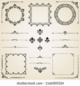 Vintage set of vector horizontal, square and round elements. Black elements for backgrounds, frames and monograms. Classic patterns. Set of vintage patterns