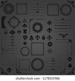 Vintage set of vector horizontal, square and round elements. Different black elements for backgrounds, frames and monograms. Classic patterns. Set of vintage patterns