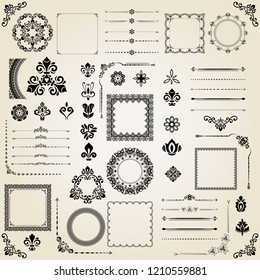 Vintage set of vector horizontal, square and round elements. Different elements for backgrounds, frames and monograms. Classic black patterns. Set of vintage patterns