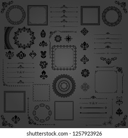 Vintage set of vector horizontal, square and round elements. Different elements for backgrounds, frames and monograms. Classic patterns. Set of vintage black patterns