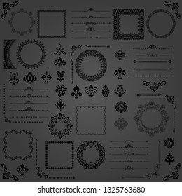 Vintage set of vector horizontal, square and round elements. Different elements for backgrounds, frames and monograms. Classic patterns. Set of vintage dark patterns