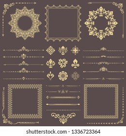 Vintage set of vector horizontal, square and round elements. Different elements for backgrounds, frames and monograms. Classic golden patterns. Set of vintage patterns