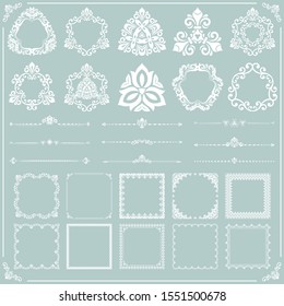 Vintage set of vector horizontal, square and round elements. Different elements for backgrounds and frames. Classic light blue and white patterns. Set of vintage patterns