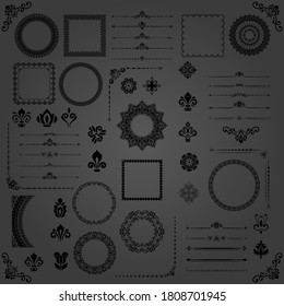 Vintage set of vector horizontal, square and round elements. Black elements for backgrounds, frames and monograms. Classic patterns. Set of black patterns