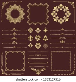 Vintage set of vector horizontal, square and round elements. Golden elements for backgrounds, frames and monograms. Classic patterns. Set of vintage golden patterns