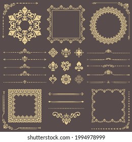 Vintage set of vector horizontal, square and round elements. Golden elements for backgrounds, frames and monograms. Classic patterns. Set of vintage patterns